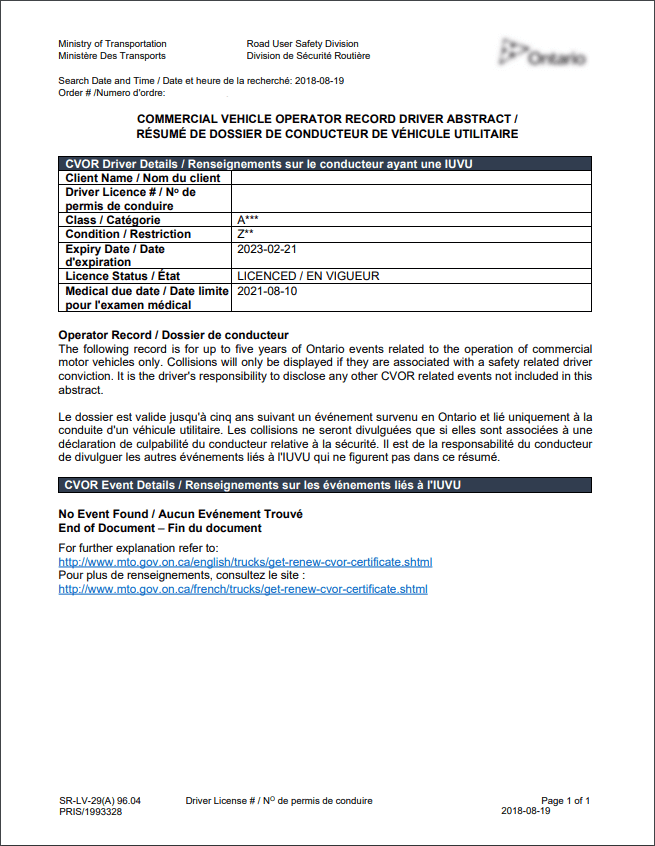 Example Ontario CVOR Driver Abstract showing driver details and CVOR event details