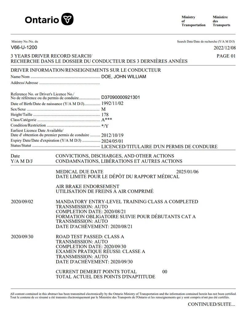 Specimen Ontario 3 Years Driver Record Search showing the header, driver information block, convictions section and demerit point total